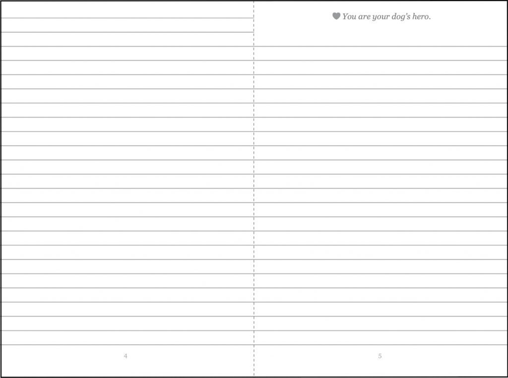 A spread of two lined journal pages, one of which has the statement, "You are your dog's hero" at the top