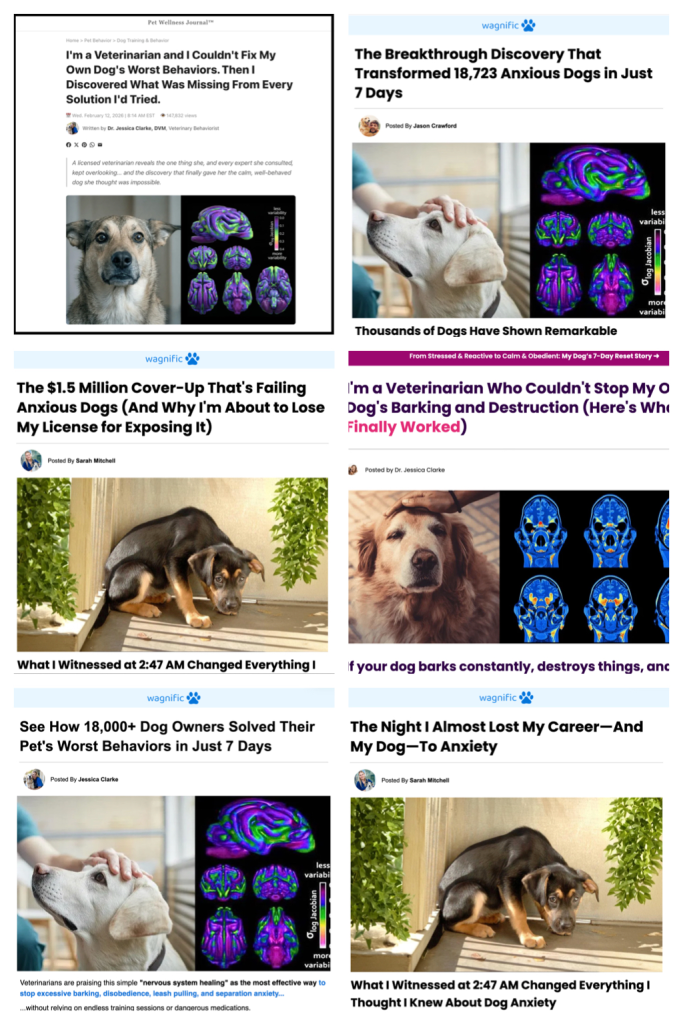 Collage of six Wagnific article headlines:
"I'm a Veterinarian and I Couldn't Fix My Own Dog's Worst Behaviors. Then I Discovered What Was Missing from Every Solution I'd Tried."
"The Breakthrough Discovery That Transformed 18,723 Anxious Dogs in Just 7 Days"
"The $1.5 Million Cover-Up That's Failing Anxious Dogs (And Why I'm About to Lose My License for Exposing It)"
"I'm a Veterinarian Who Couldn't Stop My Own Dog's Barking and Destruction (Here's What Finally Worked)"
"See How 18,000 Dog Owners Solved Their Pet's Worst Behaviors in Just 7 Days"
"The Night I Almost Lost My Career—And My Dog—To Anxiety"